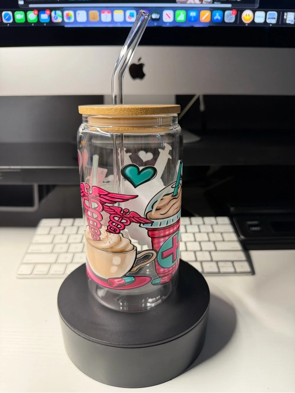 Clear Glass Tumbler With Pink Medical & Coffee Graphics